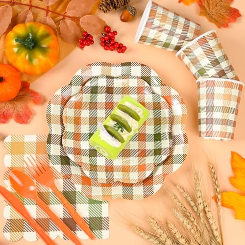 400 Pcs Fall Plaid Paper Plates and Napkins Set Autumn Disposable Checkered Dinner Party Set for 50 Guests Include Orange and Green Scalloped Plates Napkins Cup & Cutlery for Thanksgiving Fall Wedding - Image 3