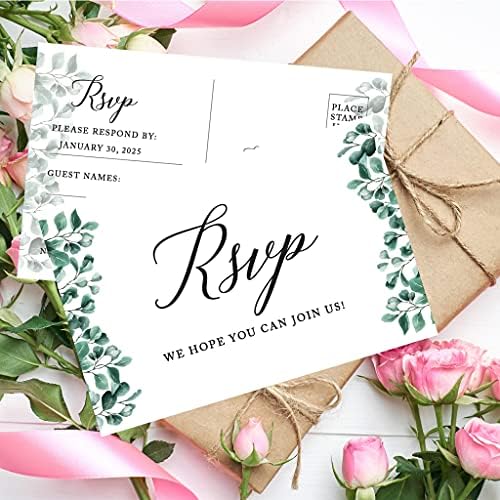 Andaz Press 56-Pack Personalized RSVP Postcards for Wedding Greenery Eucalyptus Leaves Cardstock Response Reply Cards for Bridal Shower Baby Shower Birthday Event Custom Date Return Address 4 x 6-Inch - Image 3