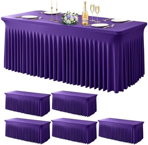 Wish Care 6 Pack Dark Purple Spandex Table Clothes for 8 Foot Rectangle Tables, 8FT Wrinkle Free Fitted Tablecloths Ruffles Design Table Cover for Party, Banquet, Wedding and Events by WishCare