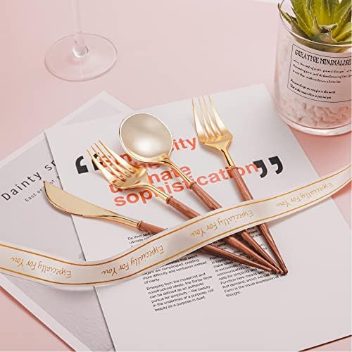 Lullaby 240PCS High End Gold Plastic Silverware with Wood Grain Handle - Image 5