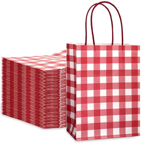 JarThenaAMCS 100Pcs Christmas Red White Checkered Kraft Paper Bag With Handles Gingham Treat Gift Bags Candy Goodie Bag for Baby Shower Birthday Party Favors Supplies by JarThenaAMCS
