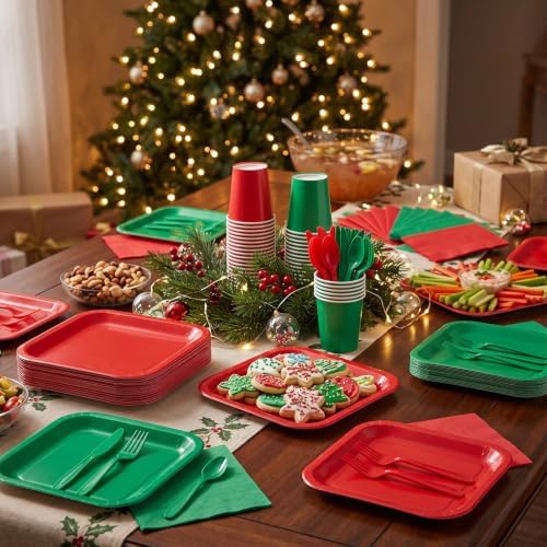 Vyntra 350 Pcs Red & Green Square Paper Plates and Napkins Set, Serves 50 - Image 4