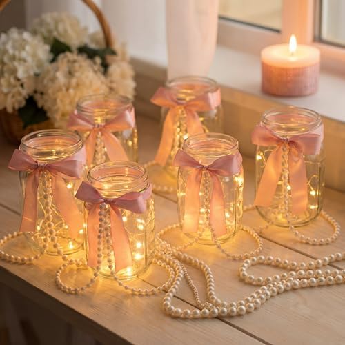 6 Sets Mason Jars Centerpieces with Light for Table, Pink Bow - Image 3