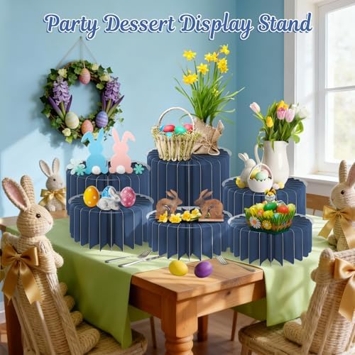6Pcs Buffet Risers, Food Risers for Table, Foldable Cake Display Stands, Tall Cardboard Cupcakes Stand for Show Catering Desserts Jewelry Wedding Birthday Party Decoration (Blue) - Image 5