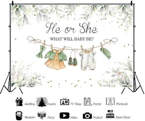 9x6ft Greenery Gender Reveal Backdrop Boy or Girl Clothes Photography Background Green Eucalyptus Leaves Gender Reveal Party Decorations Cake Table Banner Photo Studio Props - Image 2