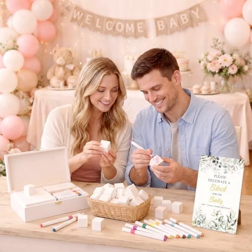 119 Pcs Baby Shower Game – 64 White Wooden Cubes to Decorate, Storage Box, 48 Acrylic Markers, 5 stencil templates & Instruction Sign - Image 5
