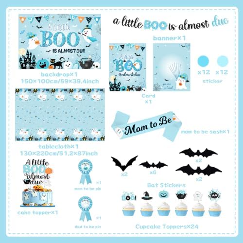 Blue Halloween Baby Shower Decorations Boy, All-in-1 A Little Boo is Almost Due Baby Shower Decorations with Balloon Arch Kit Baby Boxes Plates Napkins Cake Toppers Tablecloth Backdrop Spooky Decor - Image 6