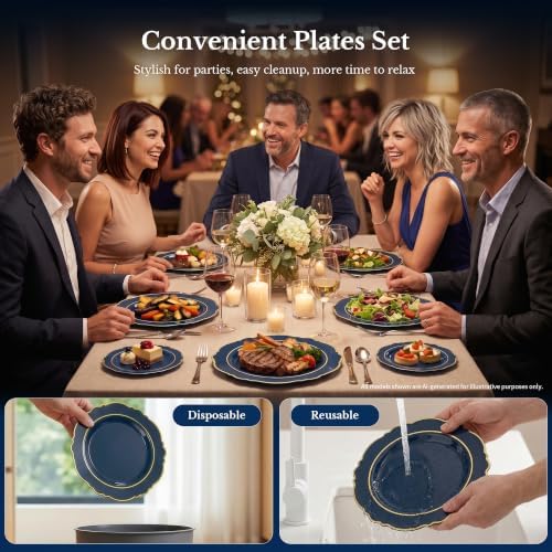 realluck 200Pcs Blue and Gold Plastic Plates Navy Blue Plates Reusable - Image 4