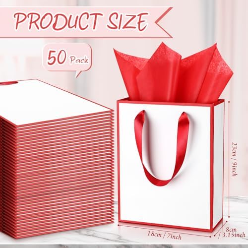 Yeaqee 50 Pcs Metallic Paepr Gift Bags Bulk with Handles,White Red - Image 2