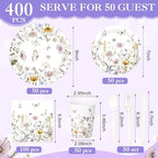 400 Pcs Wild Floral Disposable Paper Plates Napkins Cups Serve 50 Watercolor Floral Tableware Set for Spring Wedding Tea Party Decoration Bridal Shower Baby Shower(Elegant Color,Chic Style) - Image 2