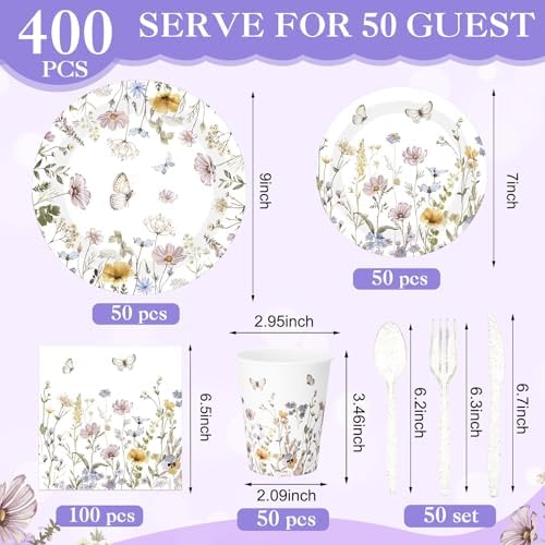 400 Pcs Wild Floral Disposable Paper Plates Napkins Cups Serve 50 Watercolor Floral Tableware Set for Spring Wedding Tea Party Decoration Bridal Shower Baby Shower(Elegant Color,Chic Style) - Image 2