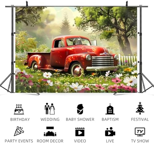 8x6ft Spring Backdrop Garden Red Truck Photography Background Colorful Flowers Green Grass Forest Natural Scenery Easter Banner Decorations Birthday Baby Shower Portrait Photo Booth Prop - Image 5