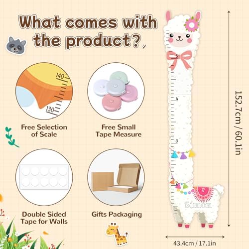 Personalized Name Height Chart for Kids, Alpaca Height Measurement for Wall, Wooden Growth Chart for Boys Girls, Playroom Wall Decor Measuring Board for Kids Height - Image 2