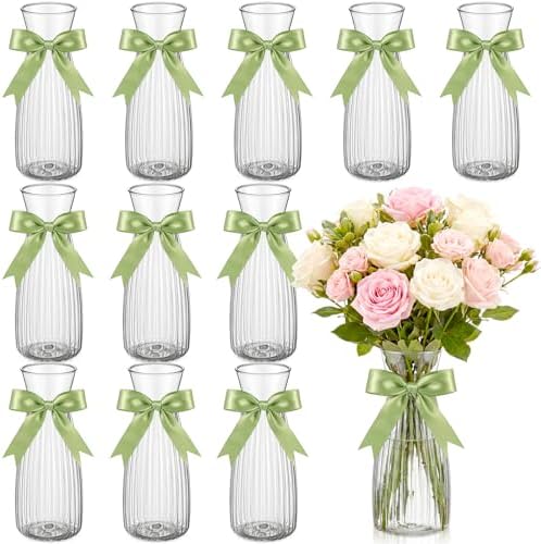 LemonRoad 12 Pcs Vintage Plastic Vases for Centerpieces Small Clear Flower Bud Vase with Sage Green Ribbon for Farmhouse Wedding Housewarming Birthday Party Rustic Home Tabletop Decoration by Unknown