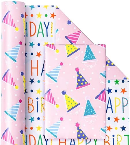 WRAPAHOLIC Jumbo Reversible Birthday Wrapping Paper - 30 Inch x 100 Feet Jumbo Roll - Pink Happy Birthday Wrapping Paper for Girls, Kids, Baby Shower - Image 2