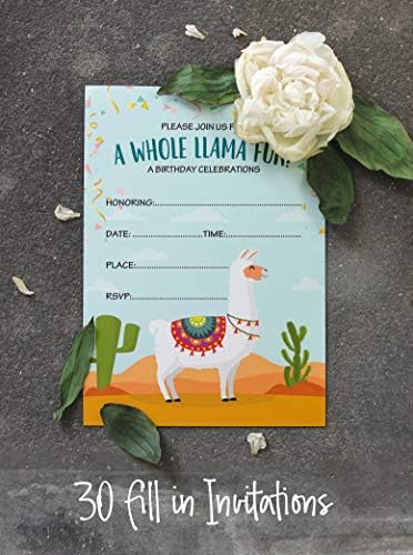 Pack of 30 Llama Kids Birthday Invitations, Boys or Girls Fill-in Style Invite, Children or Toddlers Baby First or 1st Bday Alpaca Cactus Fill in the Blank Invite Cards - Image 4