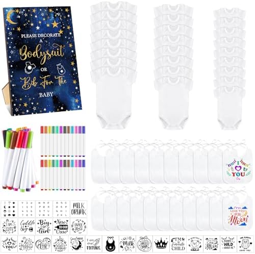 Panitay 100 Pcs White Baby Bodysuits Bibs Kit 25 Guests, Twinkle Star by Panitay