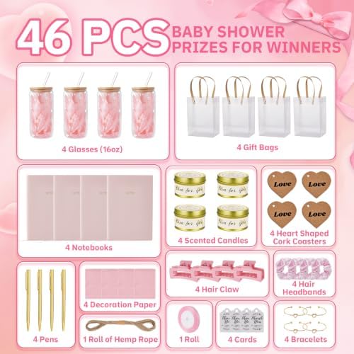 46Pcs Baby Shower Prizes for Game Winners Gifts Wedding Bridal Shower Gifts Including Glass Cans Notebooks Soy Candles Hair Clips for Baby Shower Wedding Bridal Shower Game Prizes (Pink, 4 Sets) - Image 3
