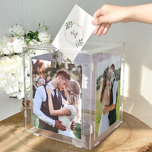 OurWarm Acrylic Wedding Card Box with Picture Frame for 8x10 Photos, Large Rotatable Envelope Post Money Gift Box Holder with Lock Slot for Reception Anniversary Graduation Birthday Party Baby Shower - Image 6