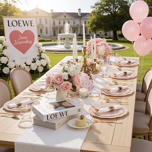 Liacere 350PCS Pink Plates Disposable-PinK Plates 50guest Baroque Plastic Dinnerware include 100Plates, 50Pack Pre Rolled Napkins with Silverware 50Cups Perfect for Wedding & Party & Baby shower - Image 3