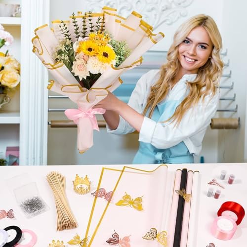 449Pcs Flower Bouquet Wrapping Accessories with Floral Wrapping Paper Gold Crowns Butterfly Decorations Gem Pins and Wooden Sticks, Ribbons for Money Bouquet Mother's Day Baby Shower Graduation - Image 2