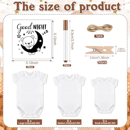 Panitay 126 Pcs Baby Shower DIY Bodysuit Set Bib 25 Blank White Newborn Bodysuit 25 Stencils 24 Marker 1 Sign 50 Pins(Bear) - Image 4