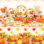 Funnymoom 452 Pcs Thanksgiving Fall Party Decorations for 50, Pumpkin Maple Leaf Thanksgiving Paper Plates Napkins Cups Tablecloth Cutlery Straws for Harvest Autumn Birthday Holiday Party Supplies - Image 6