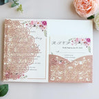 Hosmsua 50PCS Personalized Rose Gold Glitter Laser Cut Flora Invitation Pocket, 5.12 x 7.2 Wedding Invitation Pockets with Envelopes for Wedding Bridal Shower Engagement Quinceanera Invite - Image 3
