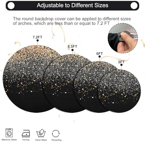 Gallety 7.2 FT Black and Gold Round Backdrop Cover for 5 to 7.2FT Circle Arch Stand - Adjustable Sparkly Glitter Circle Backdrop Cover for Wedding Graduation 1920s Party Gold Birthday Decorations - Image 2