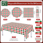 Funnymoom 452 Pcs Red and Green Christmas Buffalo Plaid Party Supplies for 50, Scalloped Christmas Gingham Plaid Paper Plates Napkins Cups Tablecloth Cutlery Straws for Rustic Holiday Party Decoration - Image 3