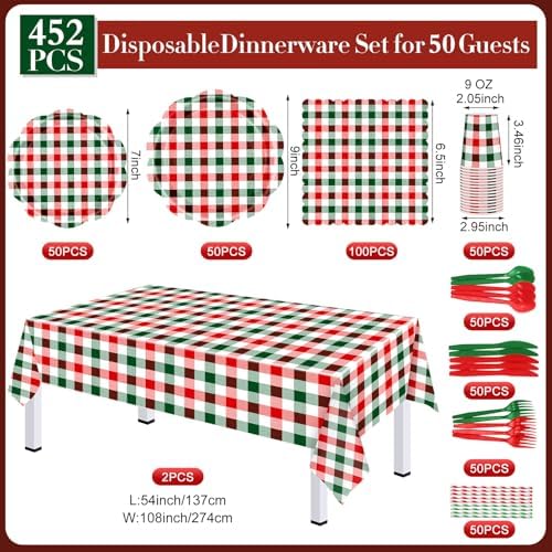 Funnymoom 452 Pcs Red and Green Christmas Buffalo Plaid Party Supplies for 50, Scalloped Christmas Gingham Plaid Paper Plates Napkins Cups Tablecloth Cutlery Straws for Rustic Holiday Party Decoration - Image 3