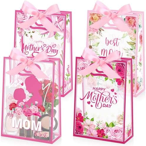 Capoda 24 Pack Mother's Day Bags with Handles, Large Floral Reusable PP Plastic Goodie Bags, Pink Rose Party Favor Bag for Mom Brunch, Classroom, Church, Candy Treats & Small Gifts by Capoda