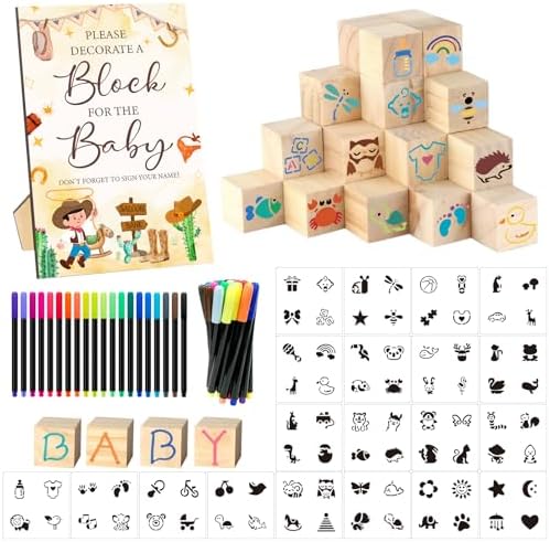 97 Pcs Baby Shower Game Sign Set Includes Decorative Square Signs 56 DIY Blank Wooden Blocks 20 Fabric Pens Baby Shower Game Prizes(Cowboy) by SytuHete