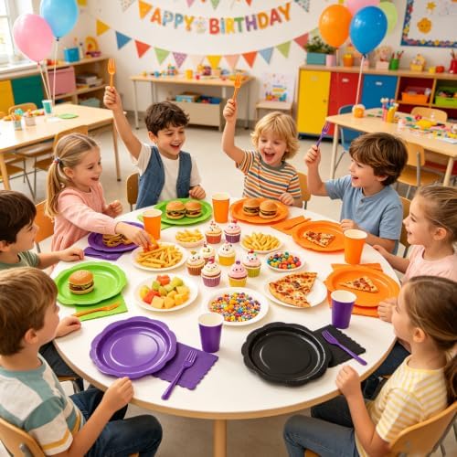 192Pcs Purple Balck Orange Plates and Napkins Party Supplies, Disposable 9’’ Scalloped Halloween Paper Plates Cups Napkins Forks Party Decorations for Birthday, Thanksgiving, Serves 483 - Image 6