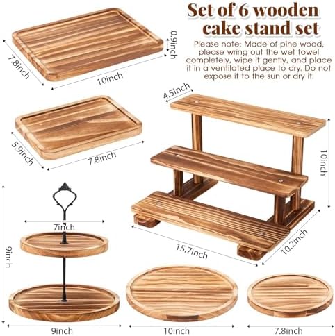Roowest Set of 6 Rustic Wood Dessert Table Display Set - Cake Stands, Tiered Cupcake Tower & Serving Trays for Wedding, Baby Shower, Tea Party - Image 3