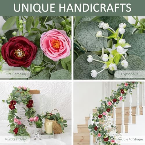 TOCHGREEN 4 Pack Artificial Eucalyptus Flower Garland with Red Pink Roses - Image 4