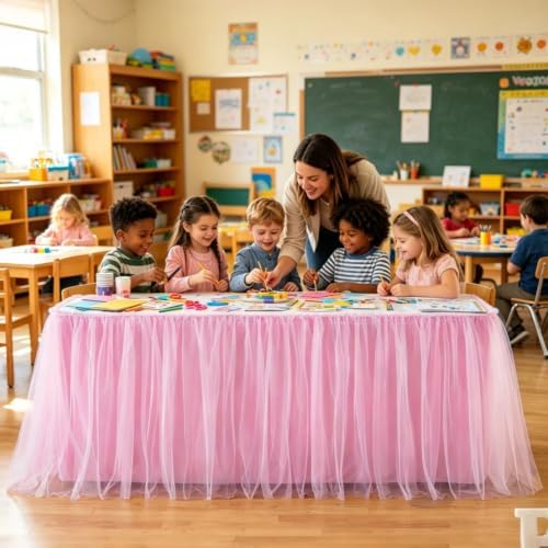 17FT Long Pink Tulle Table Skirt for Rectangle Round Tables 3-Layer Ruffle Desk Teacher Skirt for Back to School Supplies Princess Girls Birthday Party Cake Dessert Classroom Dorm Decor - Image 4