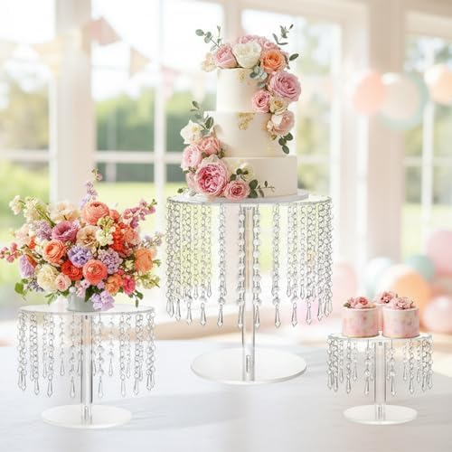 Acrylic Wedding Cake Stand Set - 3 Pcs Clear Round Cupcake Stands Dessert Display with Crystal Bling Pendants, for Wedding Event Birthday Party Baby Shower Tabletop Decorations Centerpieces - Image 5