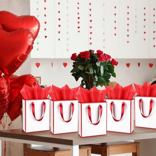 Yeaqee 50 Pcs Metallic Paepr Gift Bags Bulk with Handles,White Red - Image 7
