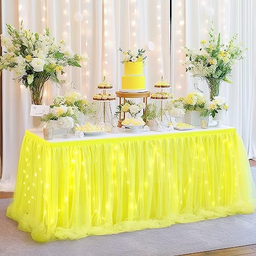 PARTISKY Yellow Tulle Tutu Table Skirt for Rectangle Tables or Round Tables,Led Light String Table Cloth for Wedding Baby Shower Birthday Party Dessert/Cake Tables - Image 2