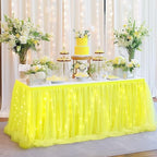 PARTISKY Yellow Tulle Tutu Table Skirt for Rectangle Tables or Round Table,Led Light String Table Cloth for Wedding Baby Shower Birthday Party Dessert/Cake Tables - Image 2