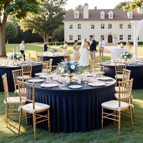 12 Pack 132inch Navy Blue Round Tablecloth, Circle Stretch Table Cloths for 6 FT Tables, Wrinkle Free Round Table Skirt for Wedding Birthday Photography Social Events Engagement Party Decorations - Image 5