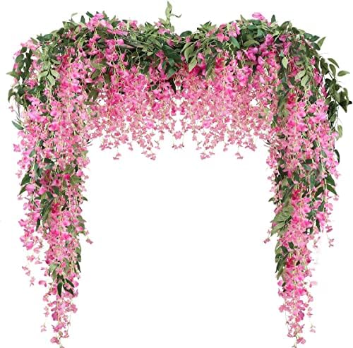 Artificial Wisteria Garland 3Pcs 7.2Ft/Pc Wisteria Hanging Flowers Fuchsia by Veryhome
