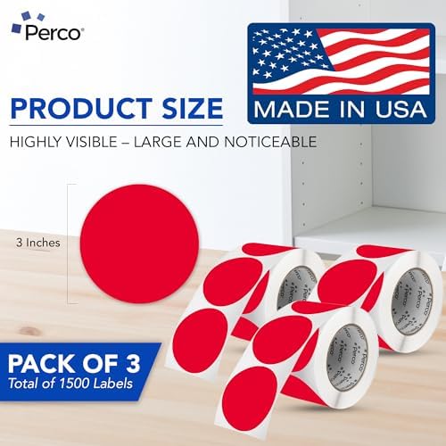 Perco Red Perforated Round Circle Dot Sticker 3-Inch Labels — 3 Rolls, 1,500 Stickers - Sale, Discount & Urgent Signage, Warning Labels, High Visibility - Made in USA - Image 2