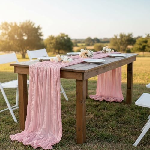 8 Pack Peach Pink Cheesecloth Table Runner 120 Inch Boho Wedding Decor - Image 5