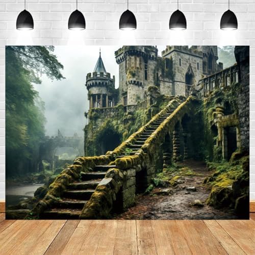 15x10ft Mysterious Castle in The Forest Backdrop Enchanted Forest Vintage Medieval Castle Photography Background Fairy Tale Wonderland Party Banner Decorations Kids Portrait Photo Booth Prop - Image 2