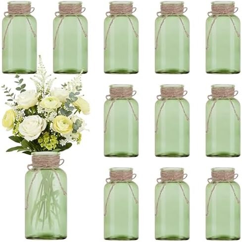 12 Pack Mason Jar Vases for Centerpieces, Green Glass Flower Vase by LEYIQU