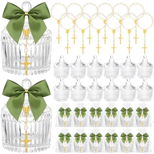Chuangdi 12 Sets 48 Pcs Baptism Favors for Guests Crystal Candy Bowl Gifts with 12 Pcs Cross Rosary for Baptism Decorations Wedding Baby Shower Supplies First Communion Party(Green) by Chuangdi