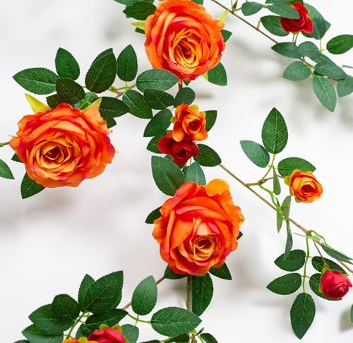 2 PCS 12FT Bendable Flower Garland, Fake Rose Vine for Home Decor,Orange - Image 2