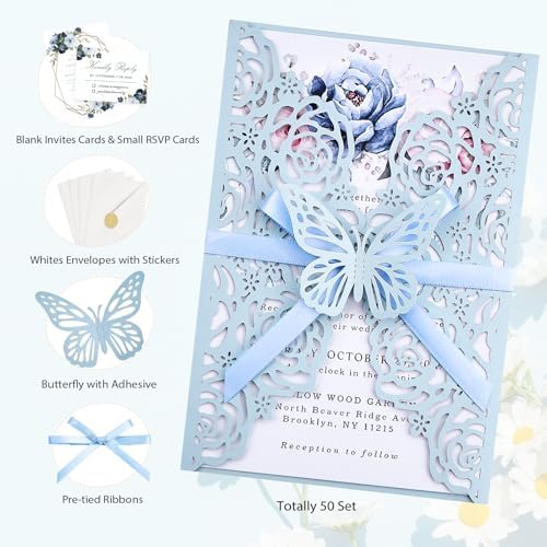 50 Wedding Invitations Butterfly Invitations Pocket with Blank Inner Cards - Image 2